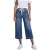 Generic Jeans Wide Leg Donna Pantaloni Capri Estivi Casual Pantaloni Larghi con Gamba Dritta Elasticizzata con Vita Elastica, Comodo Stile Denim Leggero I409
