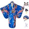 KRUIHAN Kimono Bambina Abito Giapponese Vestaglie di Raso per Bambini,Yukata per Feste e Spettacoli,Cosplay Anime con Ventaglio Pieghevole,Calze Tabi,Maschera e Spilla per Capelli,Blu Reale,140