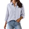 Xnova Camicetta a Righe da Donna con Bottoni, Elegante Magliette a Maniche Lunghe in Cotone, Classica Casual Blusa con Colletto e Tasca Camicia Tops da Ufficio Lavoro (Blu, L)