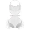 inhzoy Ragazze Ginnastica Leotards Abito da Ballo Latino Americano Tango con Nappe Strass Body da Pattinaggio Artistico con Piume Costume Danza Samba Rumba Salsa Avorio 11-12 anni