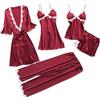 Yivise Bleau Set di Pigiami da Donna in Seta, 5 Pezzi, con Canottiera Sexy, Camicia da Notte in Pizzo, Rosso Vinaccia, 3XL