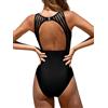 Cupshe - Costume da bagno intero da donna, con controllo della pancia, scollo alto, taglio e gancio posteriore in rete, nero, M