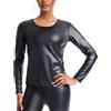 Ausing Maglia a maniche lunghe da donna, in pelle, metallizzata, a maniche lunghe, elasticizzata, per carnevale, festival, taglie XS-3XL, Nero , M