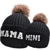 Kunyeah 2PCS Cappello a berretto madre-figlia per donna con ricamo, cappello lavorato a maglia, cappello invernale caldo con pon-pon per mamma e bambino, Nero , Taglia unica
