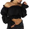 Generic Top Corto con Spalle Scoperte Camicie a Maniche Lunghe con Lanterna Estiva da Donna Top Arricciati in Vita arricciata Black M