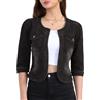 Allegra K Giacca corta in denim da donna senza collo a maniche 3/4 | Manica a 3/4, scollo rotondo, tasche applicate, lunghezza corta, aperto sul davanti, giacca di jeans casual