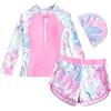 FARYODI Set Rashguard da bambina, costume da bagno UV a maniche lunghe con imbottitura rimovibile, 1/2 zip con motivo floreale e pantaloncini da bagno, costume da bagno per adolescenti, Colore: rosa., 130 cm