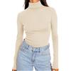 DUOEASE Maglia Donna Slim Fit Casual Basic T Shirt Termica Tinta Unita Collo Alto Magliette Donna Manica Lunga(Beige XS)