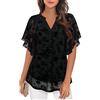 Vafoly Camicia da donna, elegante, a maniche corte, estiva, con scollo a V, in rete, con fiori, a doppio strato, Nero floccato, XXL