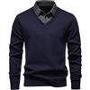 Generisch Maglione da uomo 2 in 1, a maglia, con colletto a camicia, maglione a V, da uomo, a maniche lunghe, leggero, casual, invernale, a maniche lunghe, Blu marino, XXL