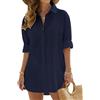 Vancavoo Copricostume Donna Mare Camicia Lunga Estiva Cotone Camicetta Scollo a V Copri Costume da Spiaggia Sciolti Casual Bikini Cover Up,Blu Navy,S