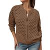 Generisch Cardigan da donna all'uncinetto con chiusura lampo Cut Out maglione a rete traforata maglia tinta unita capispalla maglia gilet con bottone, O marrone, L