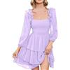 Generisch Abiti corti da donna abito da donna con volant, colletto quadrato maniche a sbuffo modello abito linea a donna, Lilla, XL