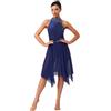 ranrann Vestito da Ballo Lirico Latino Americano Donna Senza Schiena Strass Abito da Pattinaggio Gonna Asimmetrica Danza Moderna Standard Valzer Tango Sala Saggio A Blu Scuro S