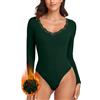 WOWENY Body da donna termico a maniche lunghe elegante con pizzo, scollo a V, in pile, caldo e comodo, verde scuro, S
