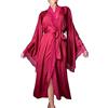 Generic Vestaglia kimono da donna in raso con finiture in pizzo, elegante vestaglia lunga in seta con cintura, biancheria da notte di lusso a maniche intere setosa, perfetta per loungewear, casa e occasioni