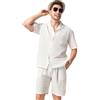 DAVID ARCHY Set pigiama da uomo 100% cotone effetto lino abbigliamento estivo per le vacanze capispalla con risvolto a maniche corte leggero pigiama da salotto con tasche, Lucent Bianco, L