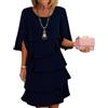 Generico Abito Elegante da Donna con Maniche A Balze E Strati, Mini Abito Morbido E Fluido con Scollo Rotondo - Ideale per Feste E Cerimonie - Maniche A 3/4 E Design A Strati (Blu Scuro,XXL)