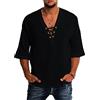 YAOBAOLE - Camicia da uomo con maniche a 3/4 in lino e cotone, vintage medievale, vestitino vichingo con lacci, camicia pirata, Nero , L