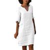 Fulidngzg Vestito Lino Elegante Donna Estivo Midi Abito Bianco Curvy Dress Scollo A V Tinta Unita Taglie Forti Abiti da Spiaggia Manica Corta Sundress, Casual, Stile retrò, Caftano, Comodo