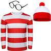 NUWIND T-Shirt a Righe Rosse e Bianche Occhiali Beanie Cappello Set di Abiti Costume Cosplay di Halloween Puntelli da Festa per Uomo Adulto