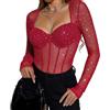 Sukiglam Body Donna Manica Lunga Sexy Scintillante Bodysuit Shapewear in Rete Trasparente Aderente Bodysuits con Scollatura a Cuore Jumpsuits Tops Elegante con Bottoni a Pressione Blusa Top Clubwear