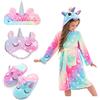 Piefry Bambina Accappatoio Morbido Unicorno Vestaglie con Cappuccio per Bambine con Unicorno Pantofole, Benda e Fascia - Regali per Ragazze (Rossastro, 10-11 anni)
