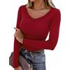 Aottori Maglia Donna Manica Lunga Costine Maglietta Scollo a V Elegante Basic Tops Tinta Unita Sottogiacca Cotone Slim Fit con vestibilità Classica Rosso XS