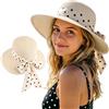 DRESHOW Cappelli da Sole per Donna Fedora da Viaggio Pieghevole da Spiaggia Cappello da Sole Sstivo a Tesa Larga in Paglia con Fiocco UPF 50+