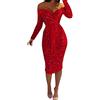 BOTCAM Bandeau Abiti di Raso per Donna Vestito Stretto - Glitter Donna Elegante Spalle Scoperte a Maniche Lunghe Bodycon Abito Midi Abito con Paillettes con Cintura, Vestito da Festa, Abito da Sera Rosso
