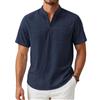 Enlision Camicia di Lino Uomo Maniche Corte Blu Scuro, Camicie Estiva Collo Coreana Leggera con Taschino, Maglietta Casual per Spiaggia Vacanze, vestibilità Ampia Taglie L