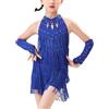 FEOYA Pantaloncini da Ballo Latino per Bambine con Nappe Vestito Senza Maniche con Paillettes Lucide Abbigliamento da Ballo Salsa Rumba Samba Jazz Moderno con Guanti per 3-14 Anni, Blu scuro, 13-14