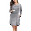 Lovasy Camicia da Notte Donna in Cotone Invernale Scollo Rotondo con Maniche Lunghe Vestito Pigiama Lungo Bottoni Davanti Morbida e Confortevole Sottoveste con Tasche B Grigio S