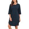 Vlazom Camicia da Notte Donna Cotone a Righe Manica 3/4 con Tasche Lunga Fino Ginocchio，Blu Navy + Verde，S