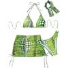 Generic Bikini da donna con design digitale a pois, reggiseno a triangolo alto, gonna sciarpa, 4 pezzi, costume da spiaggia bikini frange, verde, XL