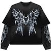 Juankrynord Maglietta da uomo con motivo rapper Y2K Fake Two Emo Grunge 2000 Vintage T-shirt a maniche lunghe Harajuku Street Motivo oversize Vintage Top (Nero Blu,M)