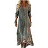 Gienslru Vestito Lungo Donna Estivo Boho Chic in Lino Effetto, Maxi Abito Floreale Vintage con Scollo a V e Maniche Lunghe, Elegante con Tasche per Mare Vacanza Cerimonia Primavera Estate Taglie Forti Curvy