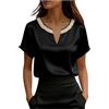 Generic Top da donna in raso di seta con scollo a V camicie estive a maniche corte eleganti camicette da donna con perline casual magliette allentate business ufficio lavoro t-shirt sera festa uscire pullover