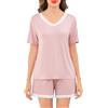 Sopesil Pigiama Donna Estivo in Modal Set Pigiama 2 Pezzi con Maniche Corte Scollo a V e Pizzo Tinta Unica Morbido Rosa Carne,L