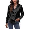 Panegy Camicia da Donna in Raso a Maniche Lunghe Camicette Botton Down Top da Lavoro Camicette in Stile Seta per Signore Top da Ufficio, Nero , XXL