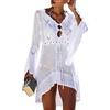 Jinsha Vestiti-Abito Sexy-Copri Costumei-da Spiaggia - Woman Dress Scollo a V-Collo Maglia Uncinetto Camicia Boho Pareo Top Tunica Cover up da Spiaggia Bikini Beach Bagno Mare Estivo Donna Bianco