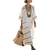 Mfhmom Abito Lungo Estivo Donna - Vestito Cotone Lino Maniche Corte Scollo a V Tasche Copricostumi Spiaggia Boho Chic Vintage Abbigliamento Curvy Taglie Forti Casual Primaverile Prendisole