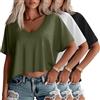 Geyoga Confezione da 3 T-Shirt Oversize da Donna, Top Corti Estivi a Maniche Corte, Scollo a V, Orlo Irregolare, Larghe e Corte(M,Verde Militare, Bianco, Nero)