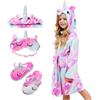 Piefry Bambina Accappatoio Morbido Unicorno Vestaglie con Cappuccio per Bambine con Unicorno Pantofole, Benda e Fascia - Regali per Ragazze