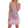 Leaomuny Vestito con Paillettes da Donna Curvy da Cerimonia Estivo Elegante Abito Brillante Spaghetti Strap Piuma Decor Discoteca Vestiti Aderente Festa Corto per Il Tempo Libero Abiti Cocktail Sexy