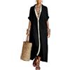 Generic Abito lungo maxi da donna a contrasto di colore, stile camicia con bottoni, maniche corte, cotone e lino, casual, ampio, da spiaggia, Nero , M
