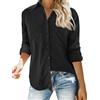 Feziakuk Camicia da donna in lino, con bottoni, in cotone, a maniche lunghe, con tasca sul petto, Nero , M