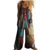 Gienslru Salopette Donna Estiva in Lino 2026 Tuta Intera Boho Chic Stampa Pantaloni Gamba Larga Jumpsuit Baggy Mare e Vacanza Vintage Curvy Taglie Forti con Tasche (S,33)