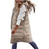 Vagbalena Gilet lungo da donna in piuma d'oca senza maniche giacca con cappuccio inverno caldo cappotto sottile zip all'aperto gilet vintage giacca a sbuffo antivento leggero gilet morbido (Di mandorle,L)