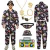 AYBUY Costume Anni 80 Anni 90 Adulti，Tuta da Uomo e Donna, Set di 9 Pezzi di Abbigliamento Retrò da Discoteca, Completo Con Occhiali E Giacca Cappello, Per Festa in Discoteca Carnevale, Cosplay
